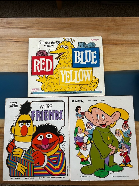 Playskool Other - Lot of 3 Vintage Playskool Wooden Puzzles Snow White and 7 Dwarfs, Sesame Street